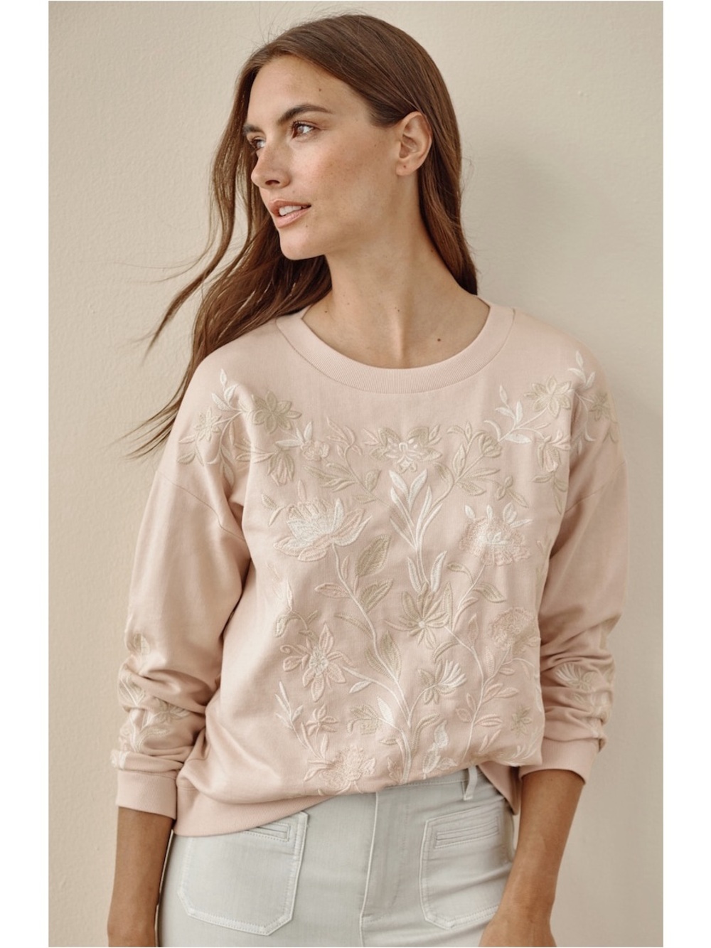 J. Jill Woman Pale Pink Floral Embroidered Cotton Crewneck Sweater MEDIUM